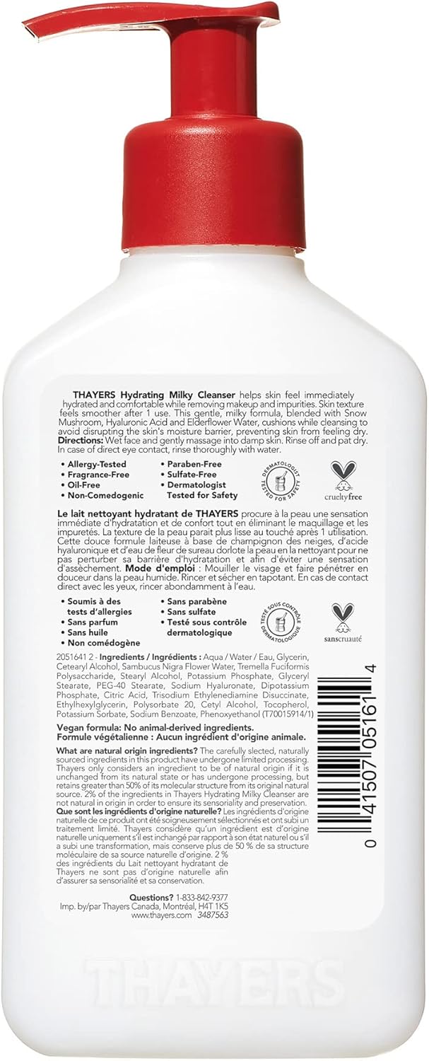 THAYERS 乳狀保濕潔面乳,含雪菇和透明質酸,皮膚科醫生推薦的溫和潔面乳和保濕護膚品,適合乾性和敏感性肌膚,不含防腐劑,8 液體盎司