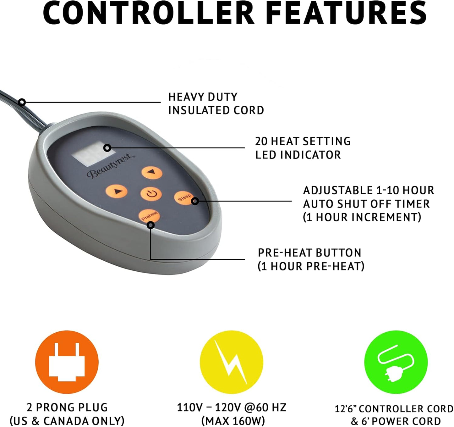 Beautyrest 电热毯,适用于寒冷天气,快速加热,自动关闭,几乎零 EMF,多种加热设置,UL 认证,灰色全尺寸(84 英寸 x 80 英寸)
