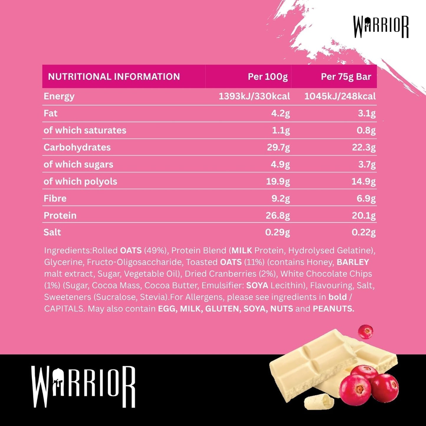 Warrior 生蛋白棒 - 12 x 75 克燕麥棒 - 高纖維、低糖 - 理想的代餐或健康營養能量零食(白巧克力蔓越莓)