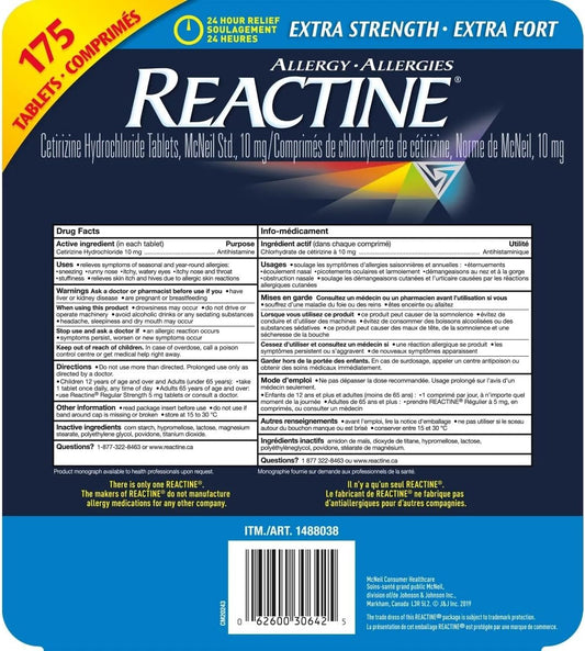 Reactine Extra Strength Antihistamine Tablets - 10mg Cetirizine Hydrochloride - 24 Hour Allergy Relief Medicine - 175 Count