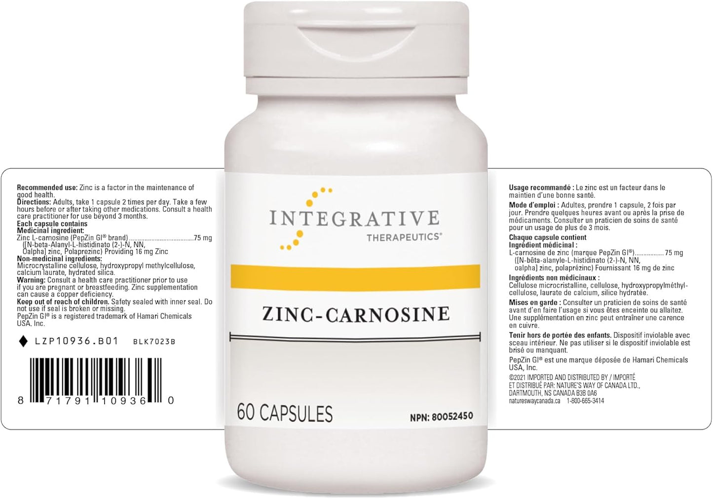 Integrative Therapeutics 鋅肌肽 – 優質鋅補充劑 – 75 毫克鋅肌肽 – 維持身體健康的因素 - PepZin GI – 60 粒膠囊