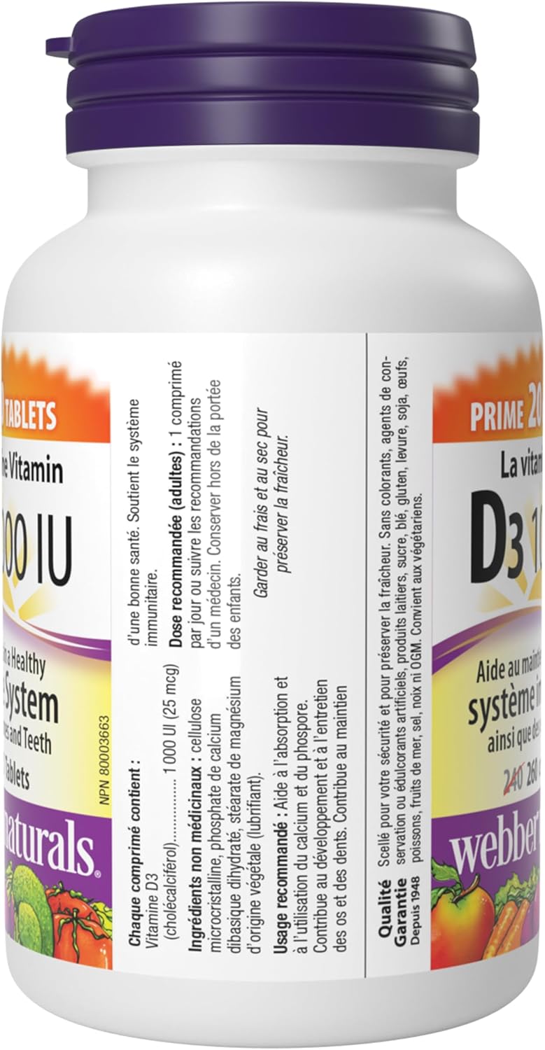 Webber Naturals 维生素 D3 1000 IU,260 片,有助于骨骼和牙齿健康,维持身体健康