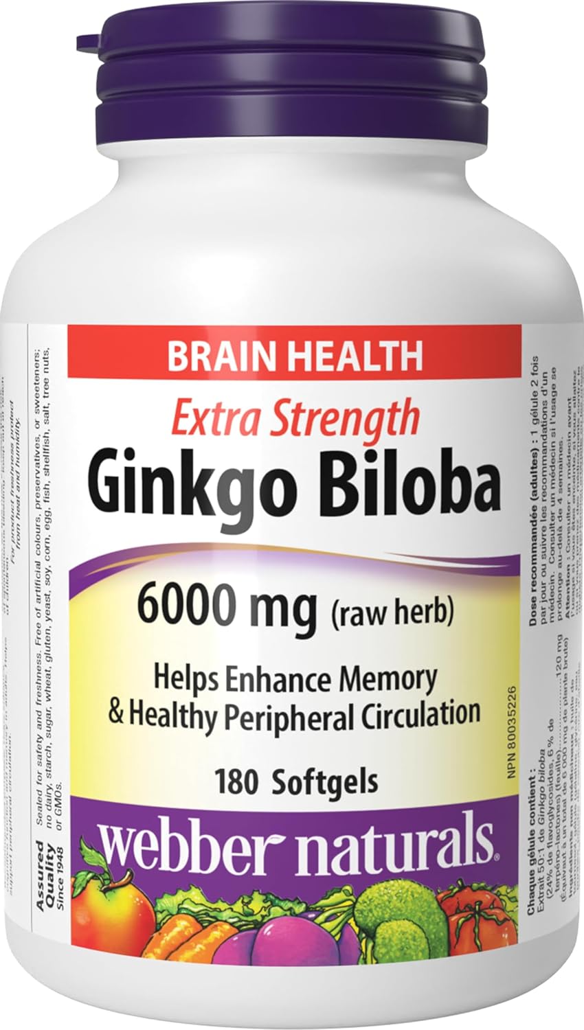 Webber Naturals 银杏叶 6000 毫克,180 粒软胶囊,有助于增强认知功能和记忆力