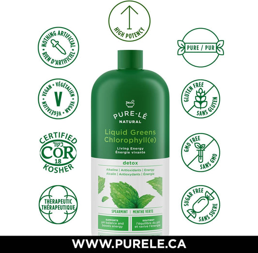 Pure-lē Natural Chlorophyll Liquid Greens | Organic (COR Certified), Gluten-Free, Vegan | Mint Flavor (1000 mL) – Natural Body Deodorant, Alkalizing & Antioxidant Support