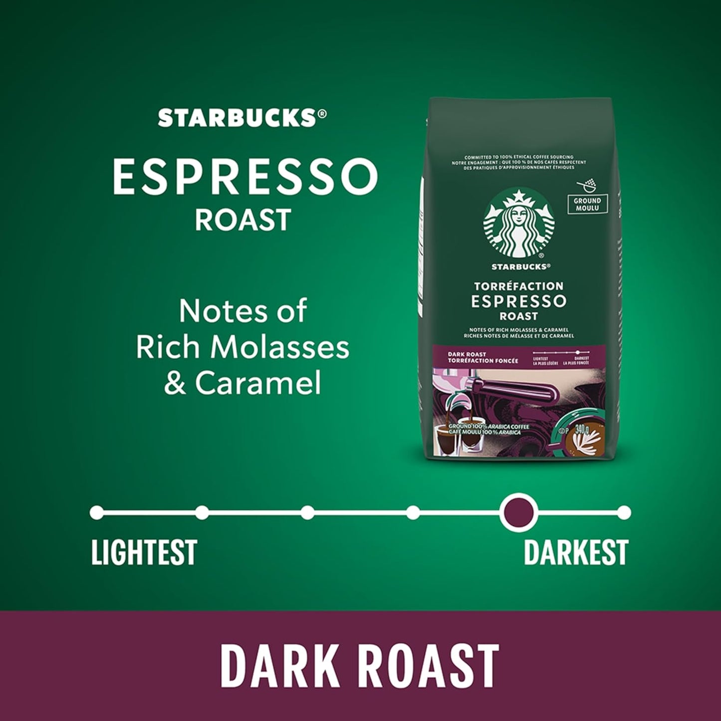 星巴克浓缩烘焙咖啡粉 340 克(6 包),浓缩深度烘焙,6 包