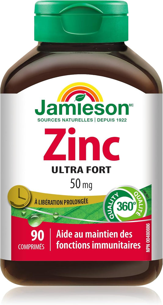 Jamieson 锌 50 毫克,超强效,高吸收率,支持免疫健康、组织形成和皮肤健康。素食,非转基因,无麸质,90 片装,加拿大制造