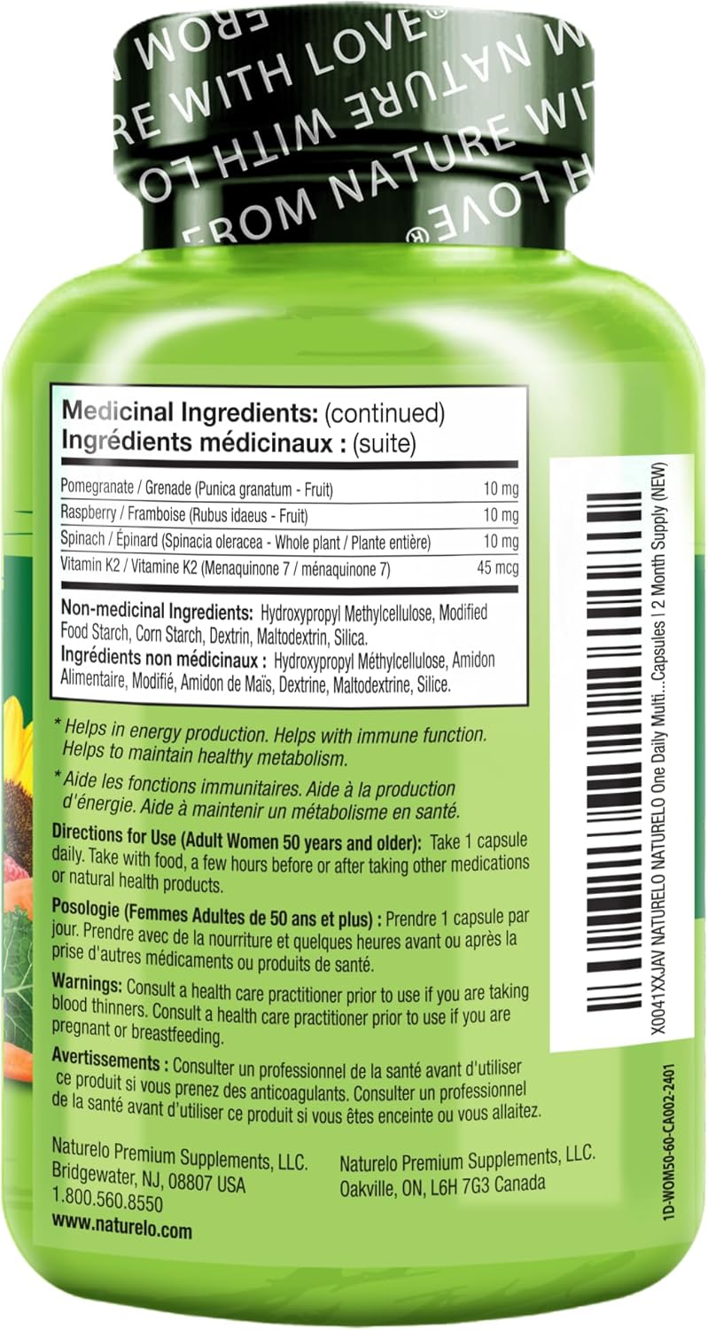 NATURELO 50岁以上女性每日一片复合维生素(无铁) - 50岁以上女性更年期支持 - 全食物补充剂 - 非转基因 - 不含大豆 - 60粒胶囊(2包) - 4个月用量