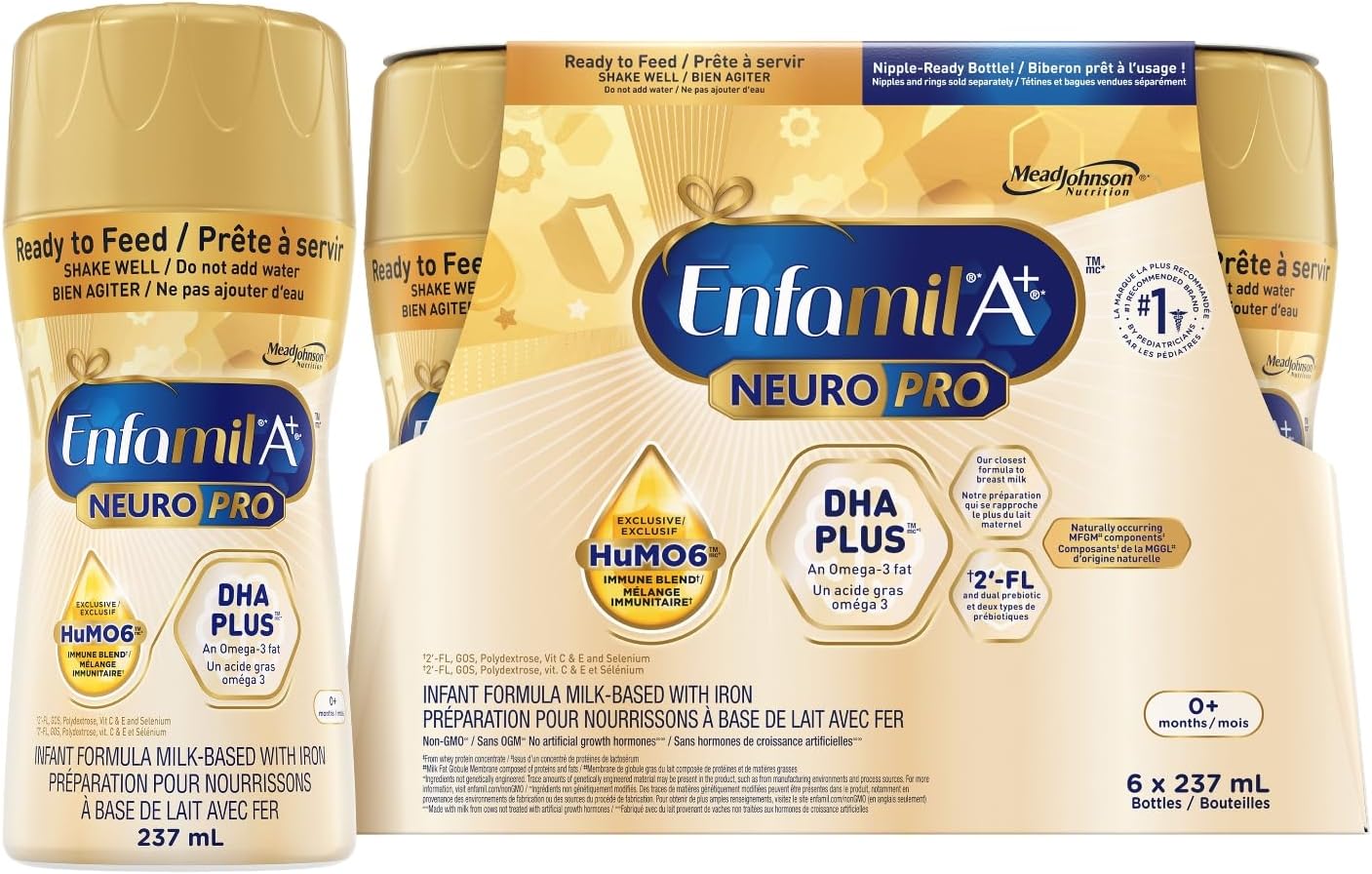 Enfamil A+ NeuroPro 嬰兒配方奶粉,即食,奶嘴瓶裝,含促進大腦發育的 DHA 和 2'FL 免疫支持,0-12 個月,6 x 237 毫升