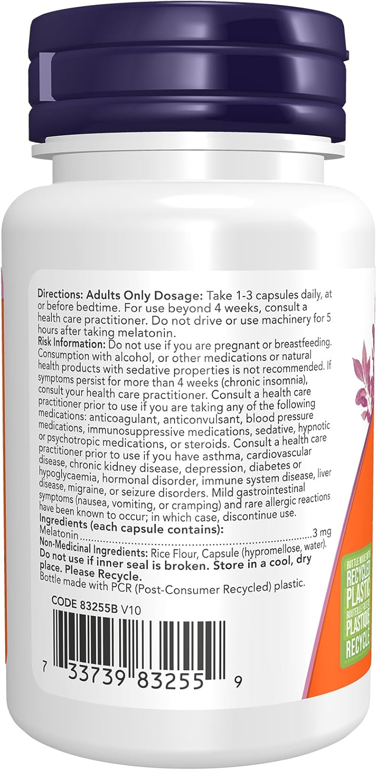 NOW Supplements,褪黑激素 3 毫克,自由基清除剂,健康睡眠周期,60 粒素食胶囊