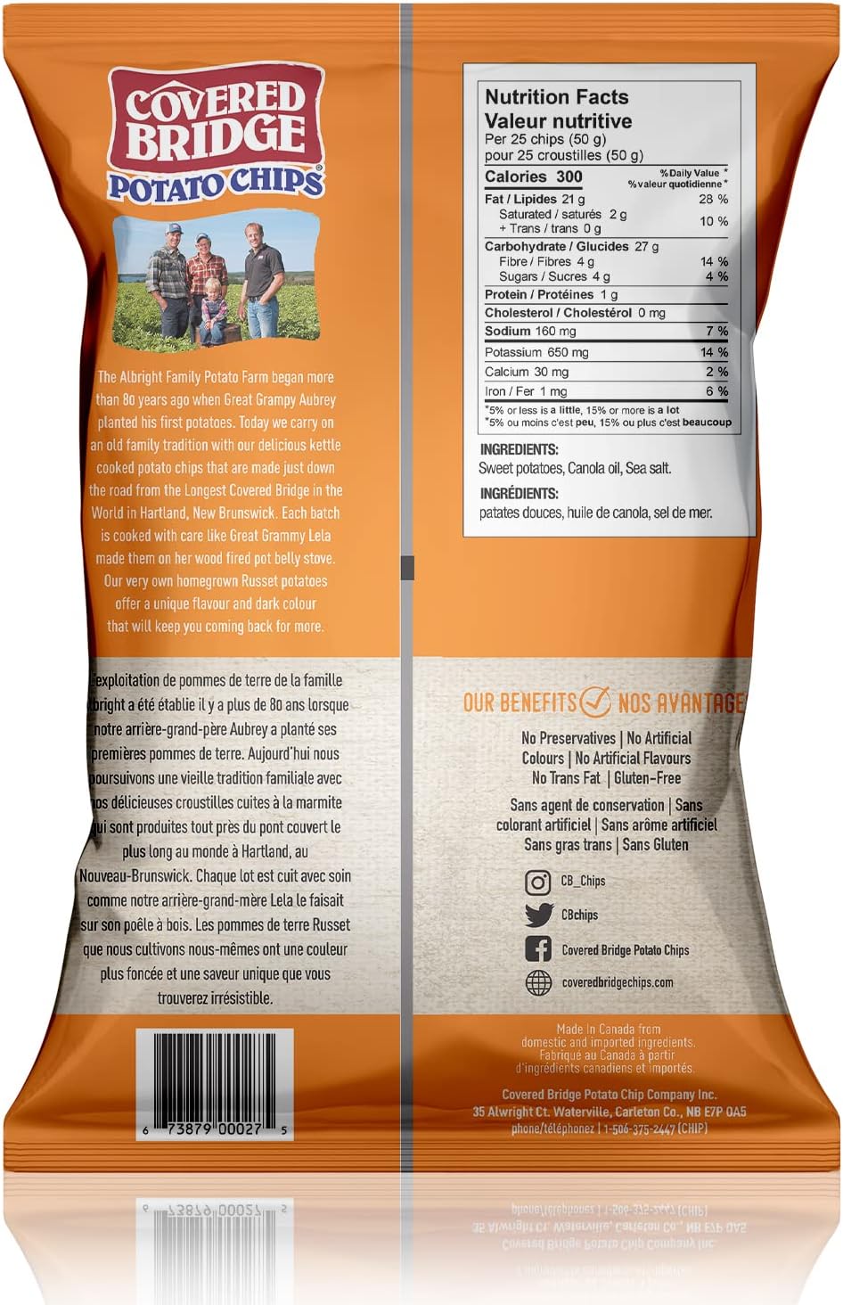 Covered Bridge Chips 薯片 - 红薯和海盐薯片 - 无麸质,犹太洁食认证,红薯水壶烹制,加拿大制造,12 片装,每袋 142 克