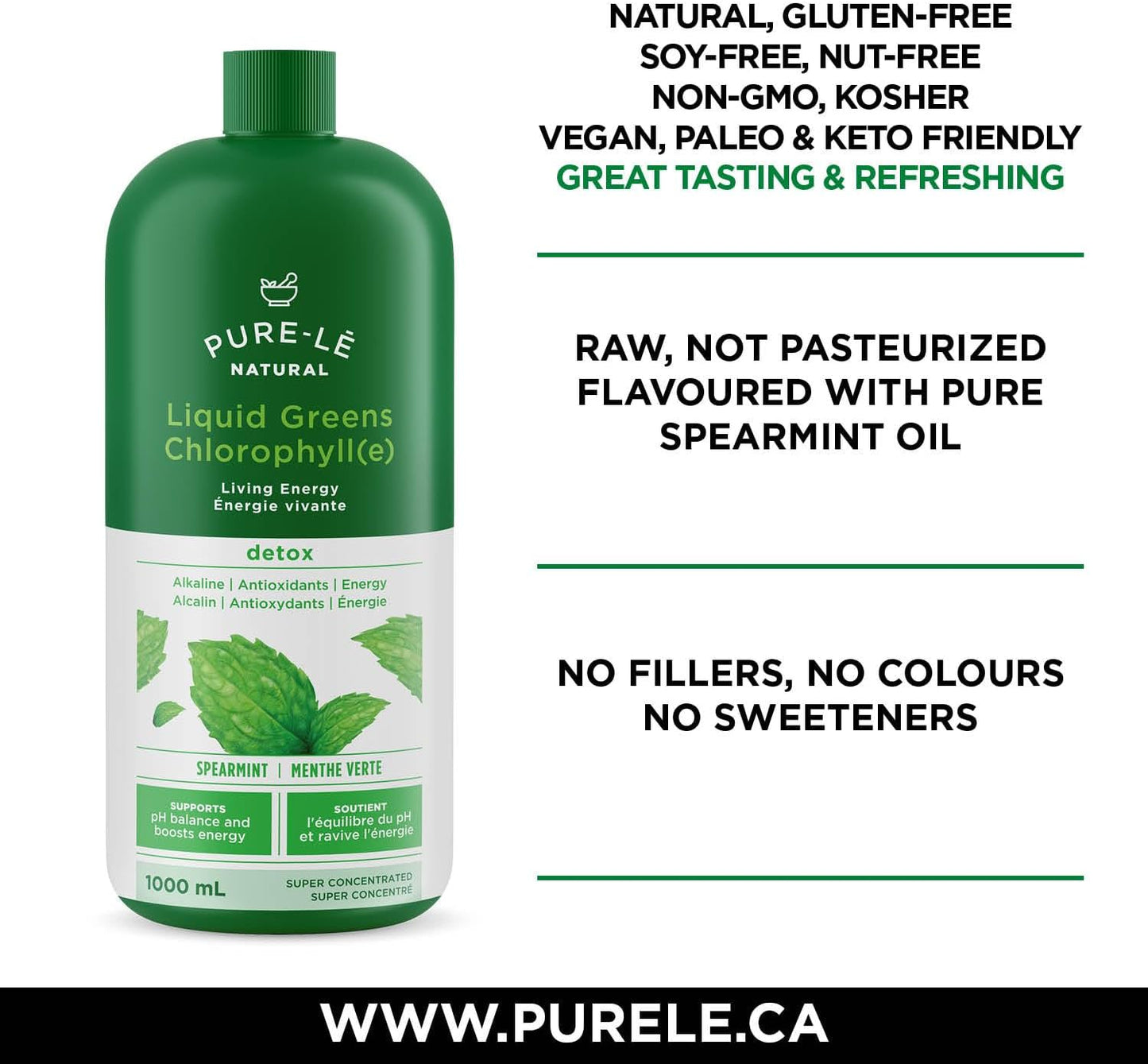 Pure-lē Natural Chlorophyll Liquid Greens | Organic (COR Certified), Gluten-Free, Vegan | Mint Flavor (1000 mL) – Natural Body Deodorant, Alkalizing & Antioxidant Support