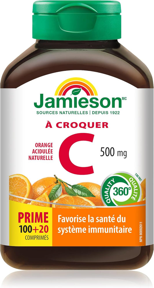 Jamieson 咀嚼維生素C 500毫克,天然酸橙味,有助於增強免疫力,強健牙齒和骨骼。適合全家(4歲以上),素食,非基因,無麩質,不含人工香料、色素或防腐劑,120粒…