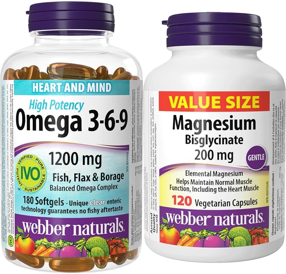 Webber Naturals Omega 3-6-9 1,200 mg Fish Oil, 180 Clear Enteric No Fishy Aftertaste Softgels & Magnesium Bisglycinate 200 mg, 120 Capsules, Supports Bone and Muscle Functions