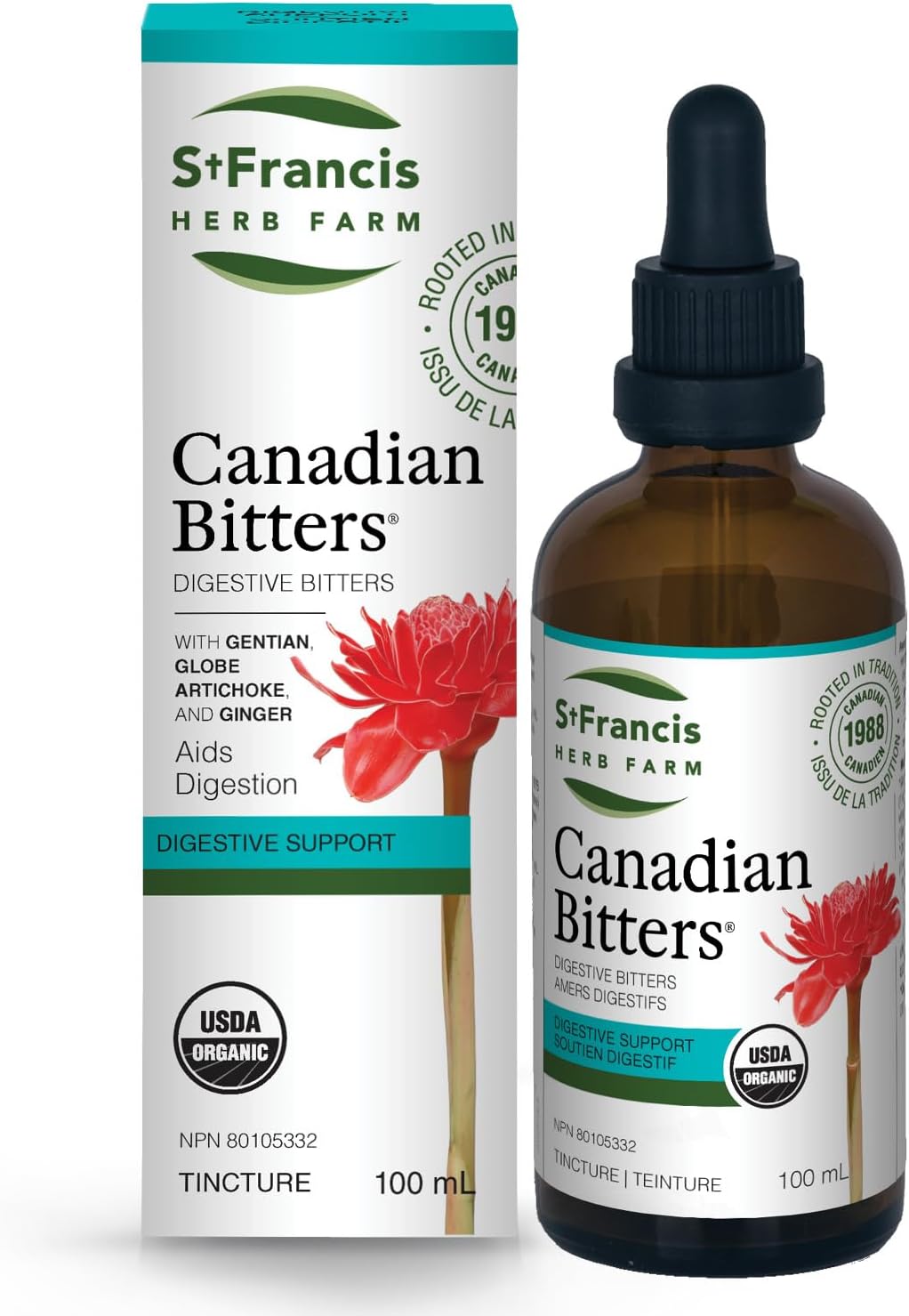 圣弗朗西斯草药农场加拿大苦味酒 (100ml) 天然缓解胃部不适、胃灼热和腹胀 (1 酊剂) 有机认证,不含转基因成分,不含麸质,纯素,素食,加拿大制造,1988 年