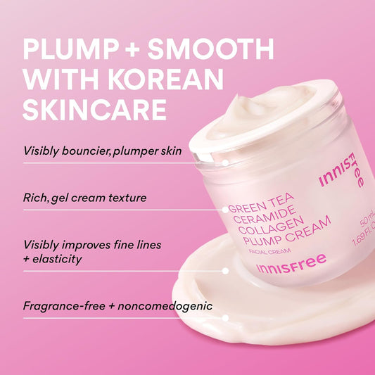 innisfree Green Tea Ceramide Collagen Plump Cream, Korean Face Moisturizer for Firming, Hydration, and Youthful Glow