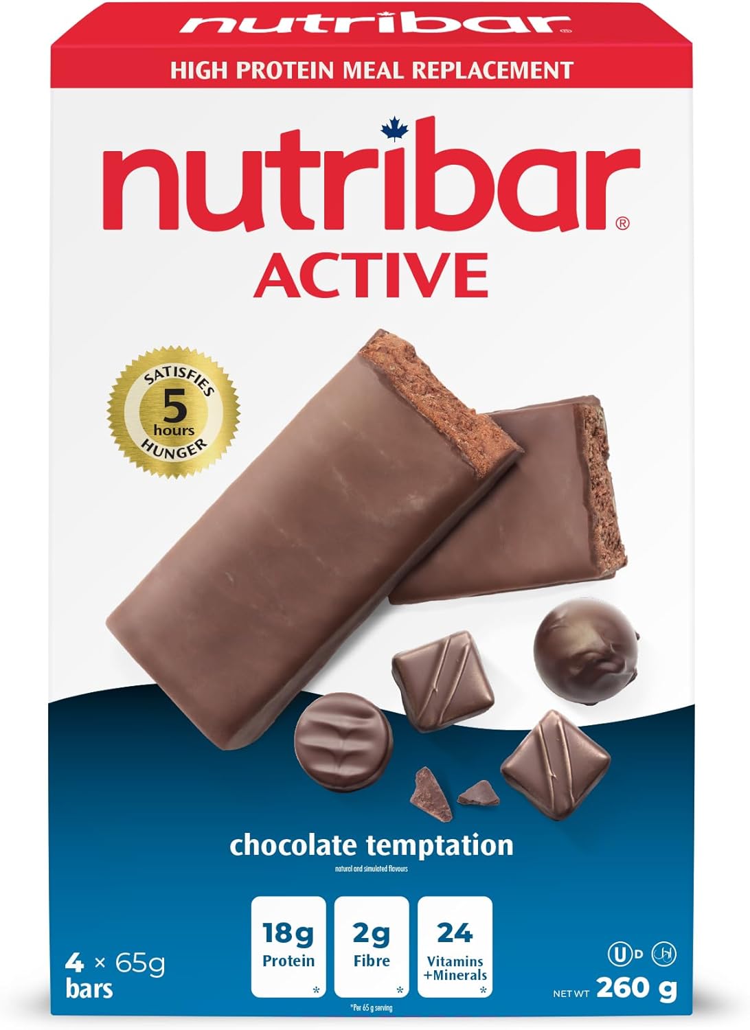 Nutribar Active 巧克力诱惑代餐棒,高蛋白,24 种维生素和矿物质,高纤维,加拿大制造,4 条装 *包装可能有所不同*