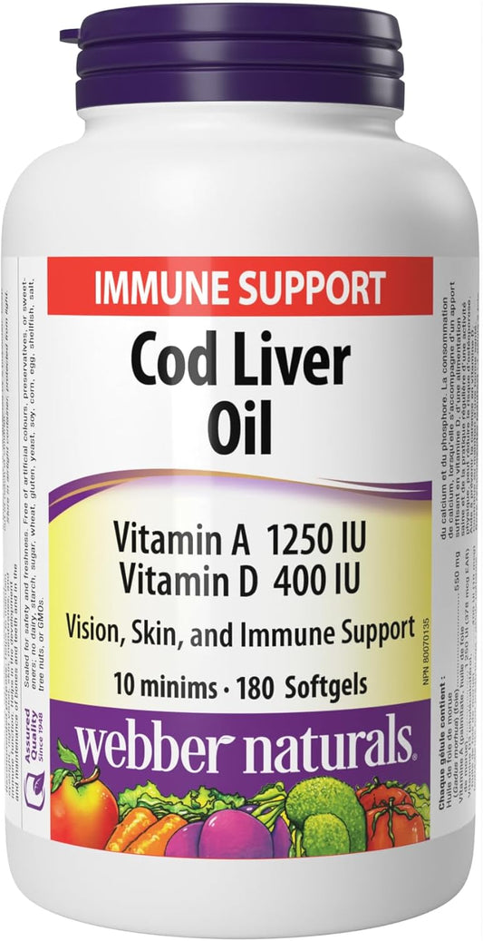 Webber Naturals 鱈魚肝油,含維生素 A 和 D3,180 粒軟膠囊,有助於視力、皮膚和免疫功能