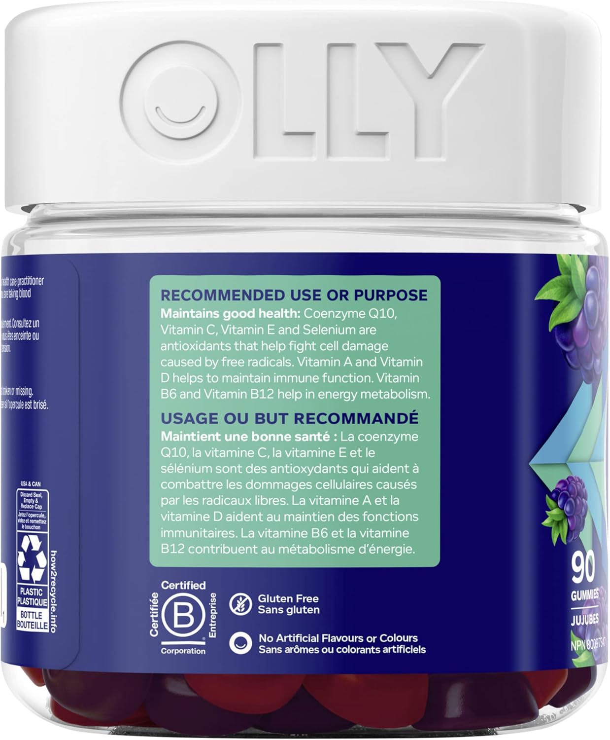 OLLY 强效睡眠软糖补充剂助眠黑莓禅混合褪黑激素和男士多种软糖补充剂,不含人工香料和色素