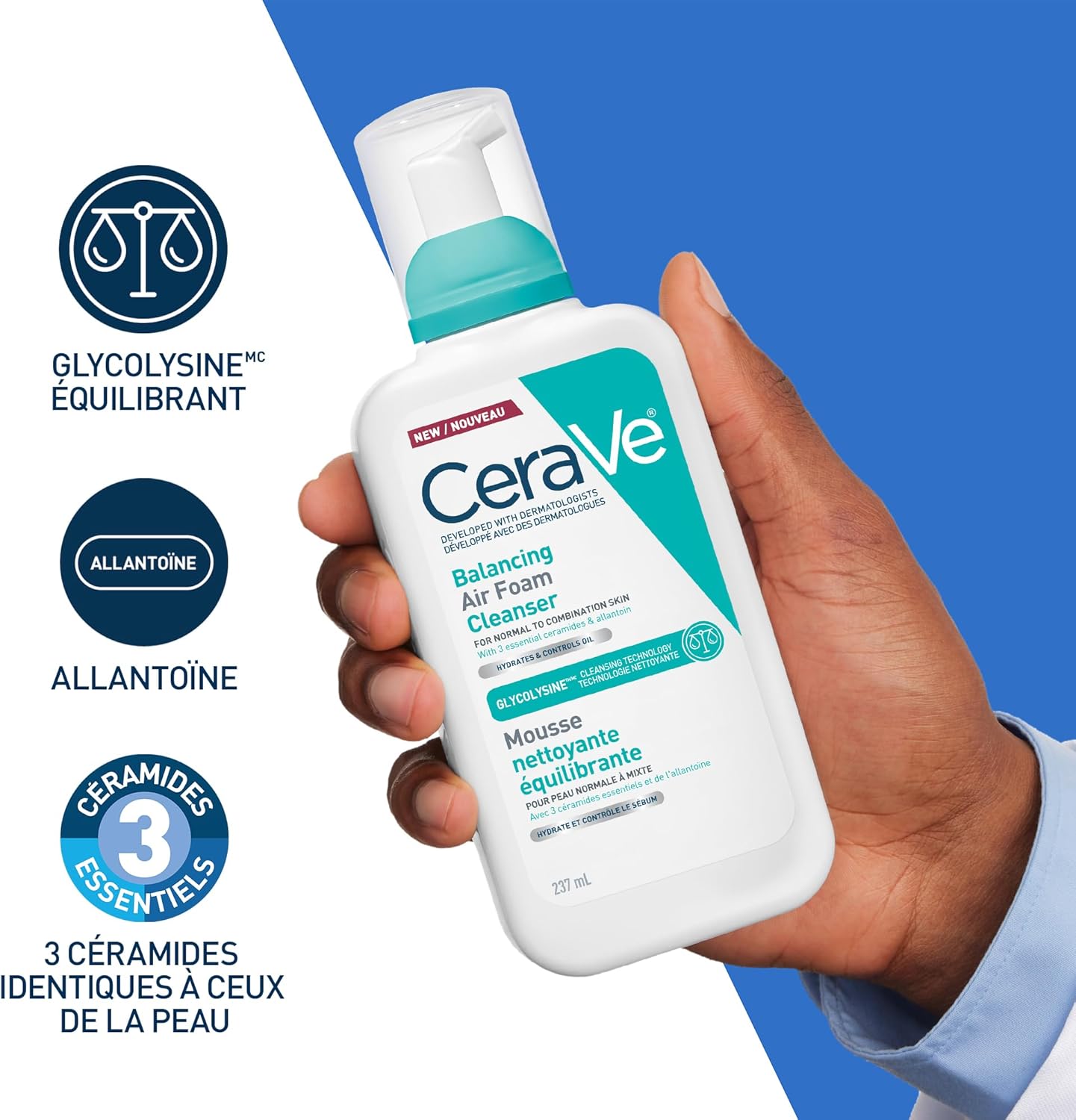 CeraVe Balancing Air Foam Cleanser, Gentle Facial Cleanser For Normal to Combination Skin With 3 Ceramides and Glycolysine™, 8HR Oil Control & 24HR Hydration, Lightweight Air-Foam Texture, 237ml