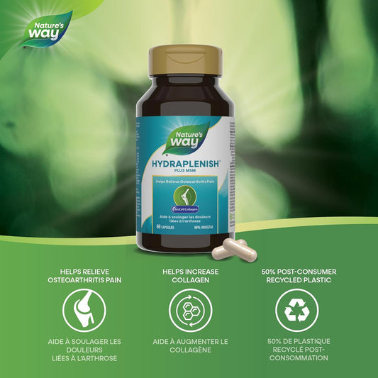 Nature's Way Hydraplenish Plus 膠原蛋白、MSM 和透明質酸、骨關節炎關節疼痛支持、BioCell 膠原蛋白,60 粒膠囊