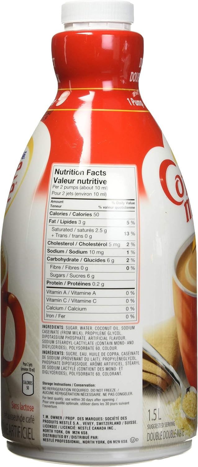COFFEE-MATE 液体咖啡奶精,不含乳糖,双倍,无需冷藏,1.5 升泵瓶(2 瓶装)