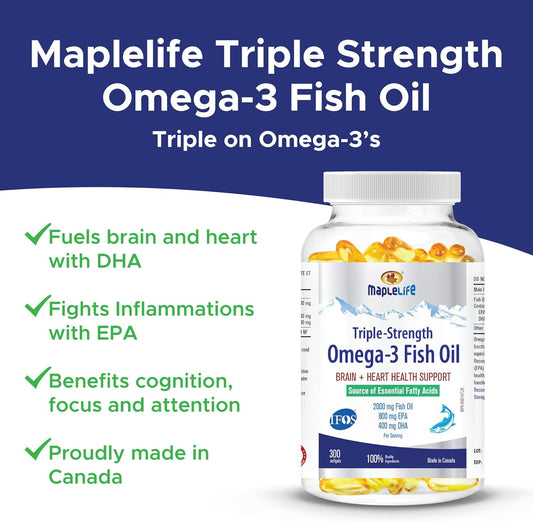 MapleLife Nutrition® - Triple-Strength - Omega-3 Fish Oil - Brain + Heart Health - Essential Fatty Acids - DHA, EPA - Fish Oil Softgel 2000 Mg - 300 softgels