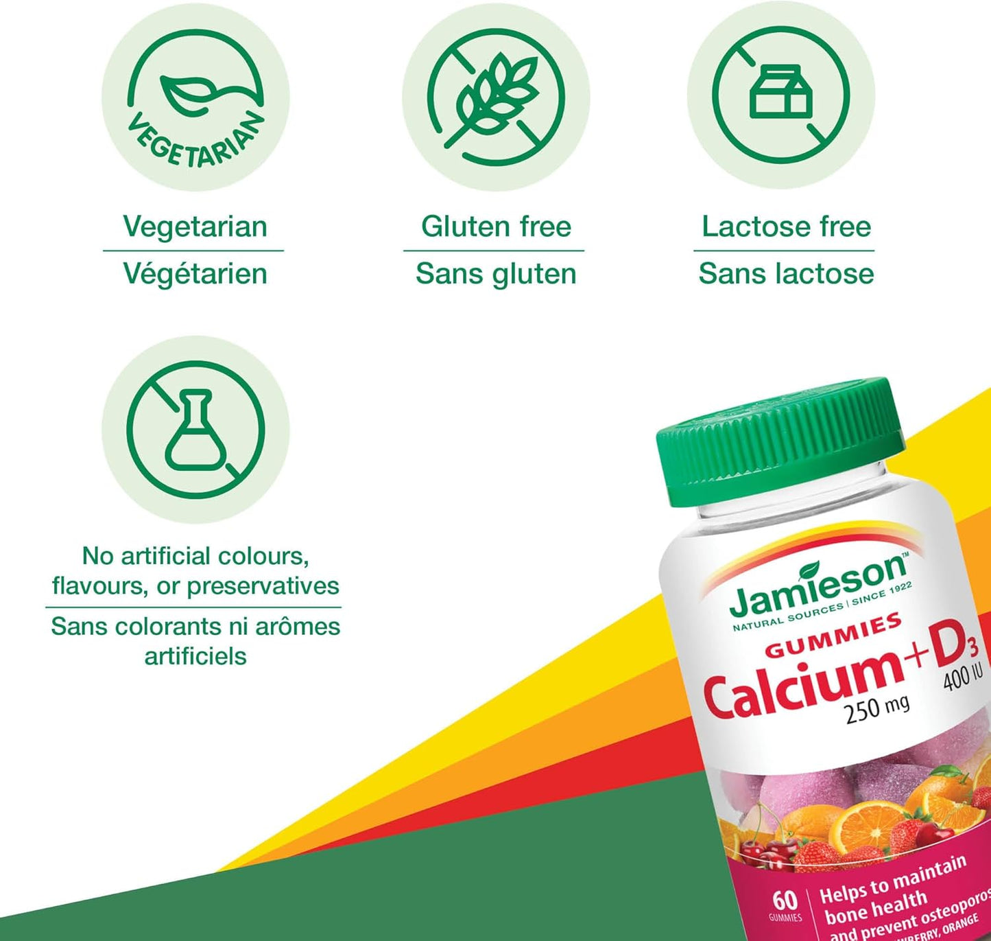 Jamieson Calcium 250 mg with Vitamin D3 400 IU Gummies, Cherry, Strawberry, and Orange Flavours, Helps Prevent Osteoporosis, Supports Strong Bones and Teeth. Non-GMO, Gluten-Free, No Artificial Colours, Flavours, or Pres…