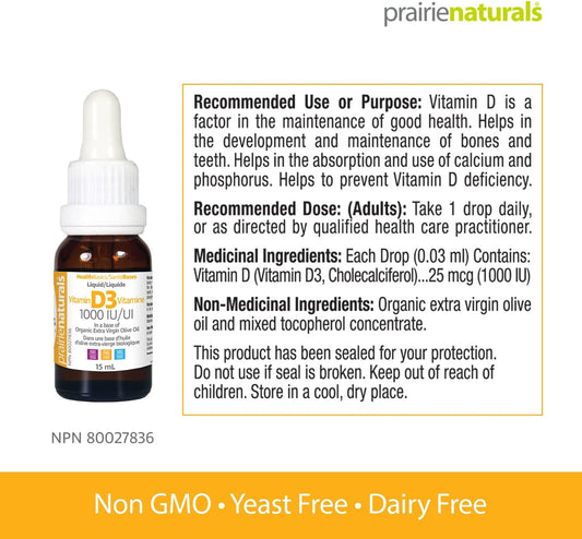 Prairie Naturals 液体维生素 D3 胆钙化醇 1,000iu 15ml,1 瓶