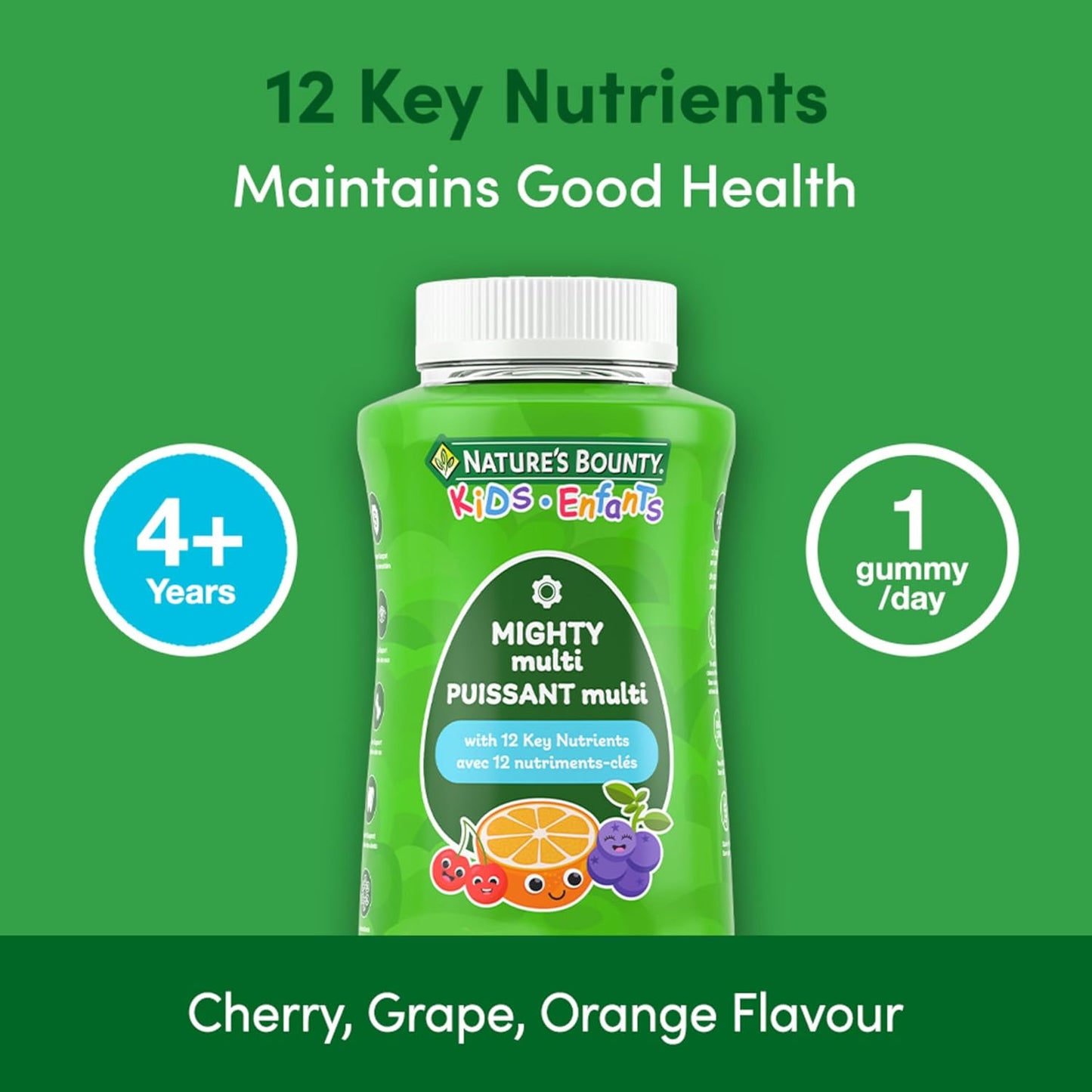 自然之寶兒童強效複合維生素,每粒軟糖僅含 1 克糖,支持免疫系統、眼部健康、骨骼和牙齒,抗氧化劑來源,無麩質,櫻桃、葡萄和橙子味軟糖,375 克