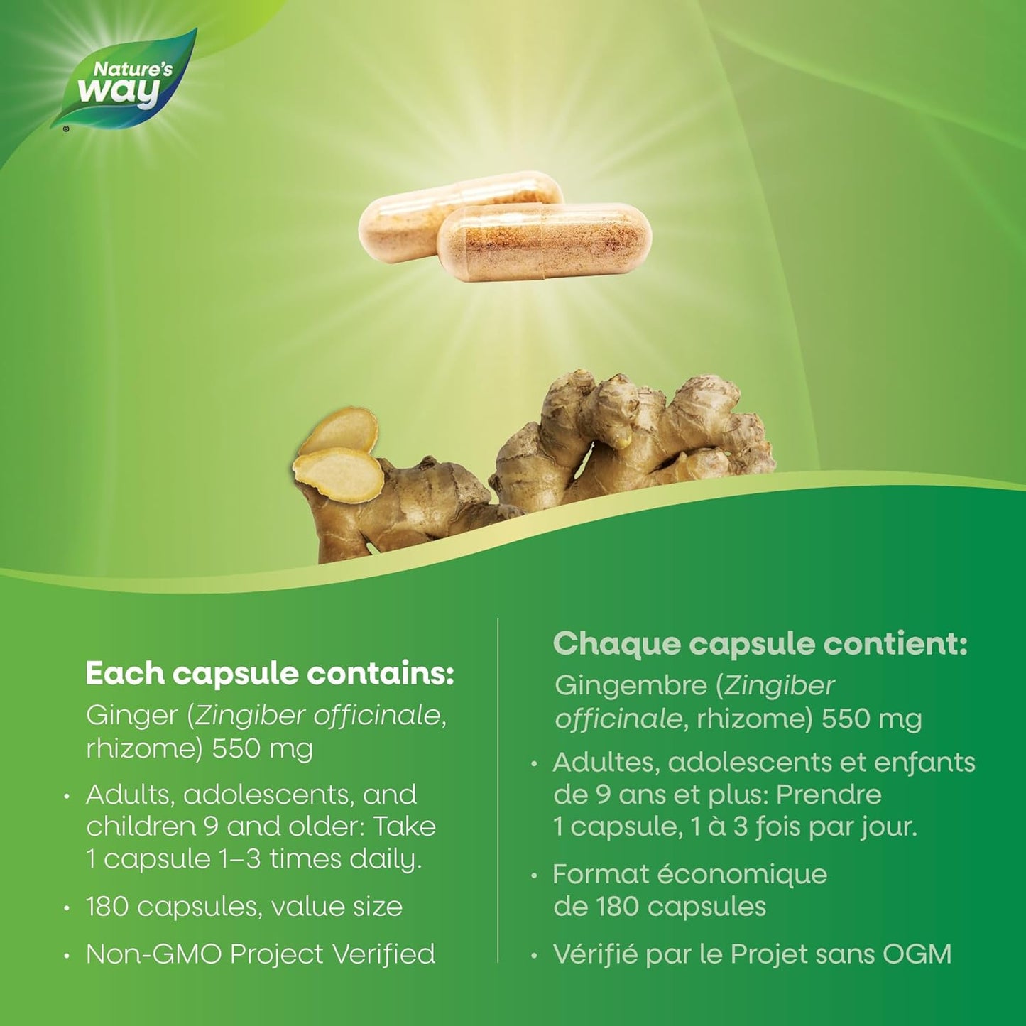 Nature's Way 薑根 – 傳統消化支持補充劑 – 用於草藥,幫助緩解消化不良 – 非基因改造 – 180 粒素食膠囊,超值裝