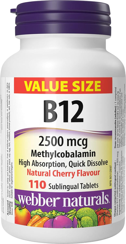 Webber Naturals 维生素 B12 2500 微克,速溶 & 镁 500 毫克,60 片,增强吸收矿物质,支持骨骼和肌肉功能,纯素