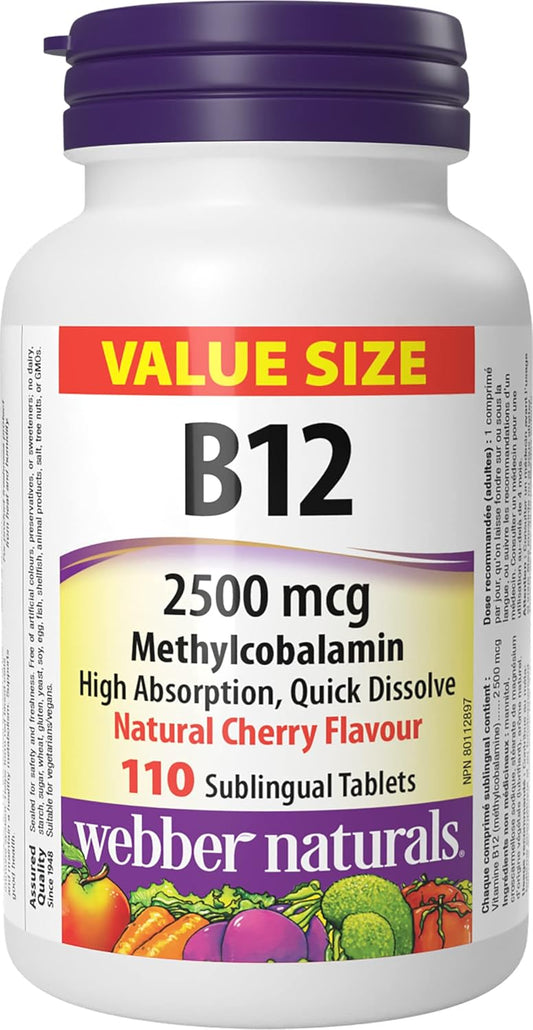 Webber Naturals 维生素 B12 2500 微克,速溶,110 片,天然樱桃味,支持能量产生和代谢