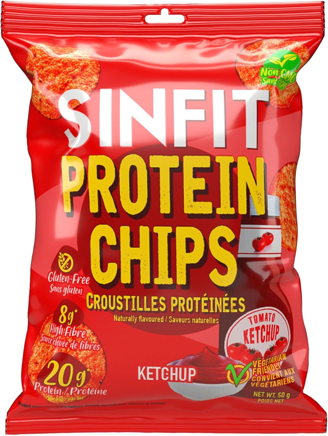 SinFit 蛋白薯片,20 克蛋白质/袋,50 克/袋,高纤维,低碳水化合物,无麸质,披萨味,7 片/盒(7 袋,番茄酱)