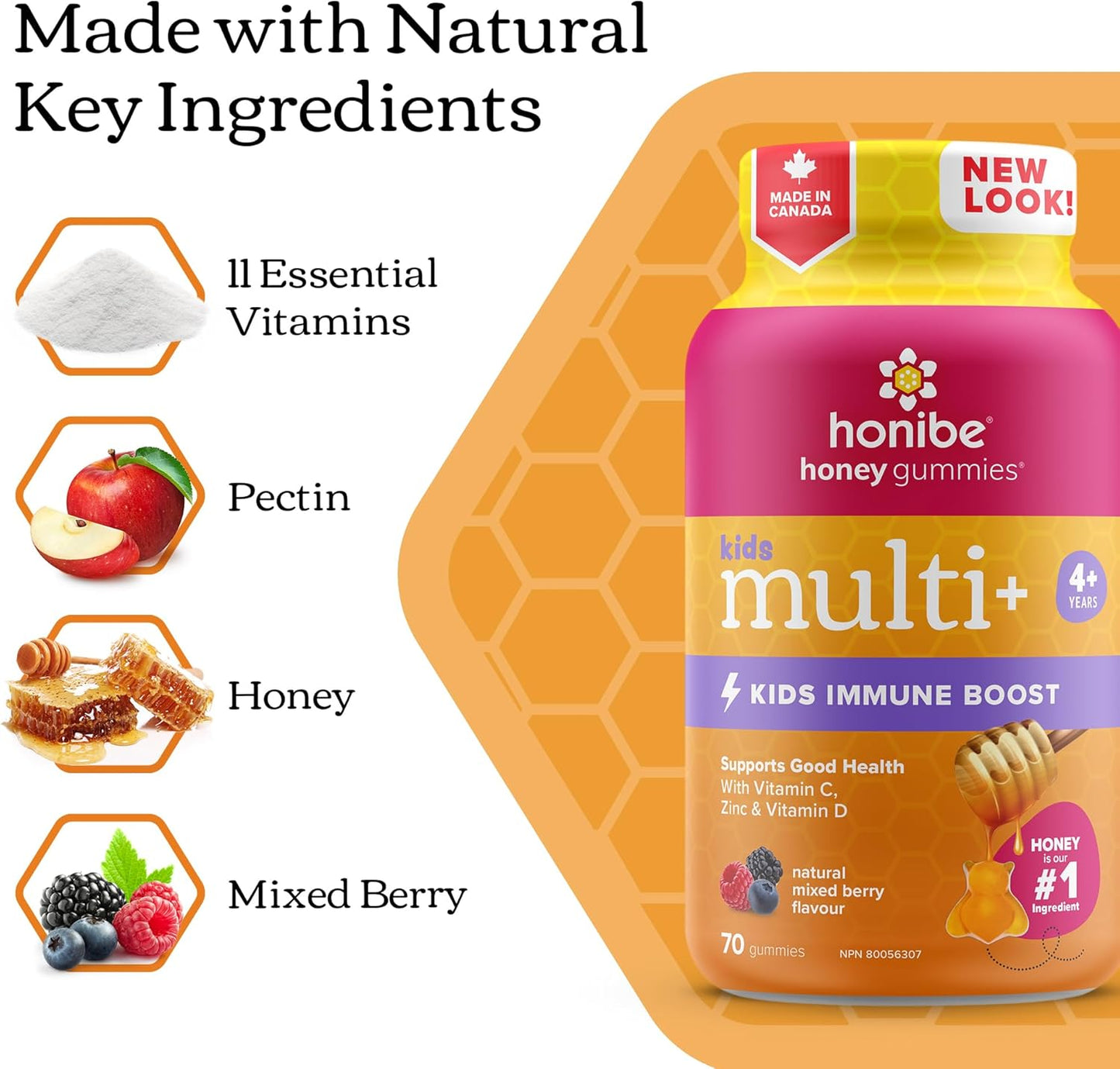 Honibe 兒童複合維生素軟糖,增強免疫力 | 加拿大製造蜂蜜維生素 | 兒童咀嚼軟糖維生素 | 兒童素食維生素軟糖 | 兒童鋅維生素小蜜蜂軟糖 | 70 粒軟糖