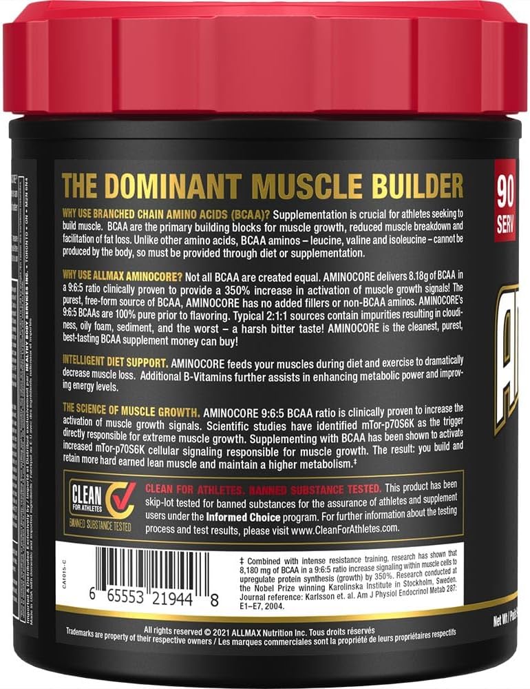 ALLMAX Nutrition Aminocore 西瓜口味 - 8克支鏈胺基酸,100%純支鏈胺基酸 - 無麩質,945克,粉紅色