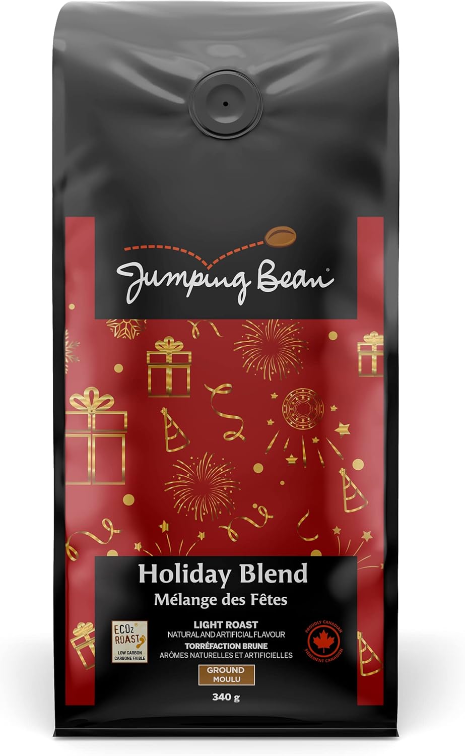 Jumping Bean 节日混合公平贸易风味研磨咖啡,ECO2Roast,优质咖啡,加拿大制造,非转基因,节日混合,340克