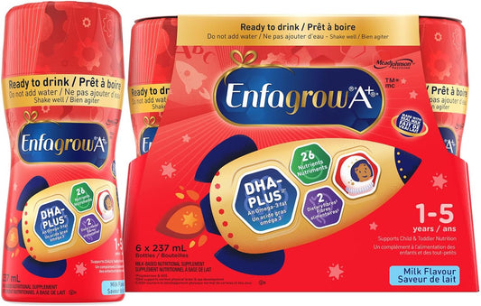 Enfagrow A+,幼兒營養飲料,26 種營養素,包括健腦 DHA,適合 1-5 歲兒童,牛奶口味,即飲,6 x 237 毫升