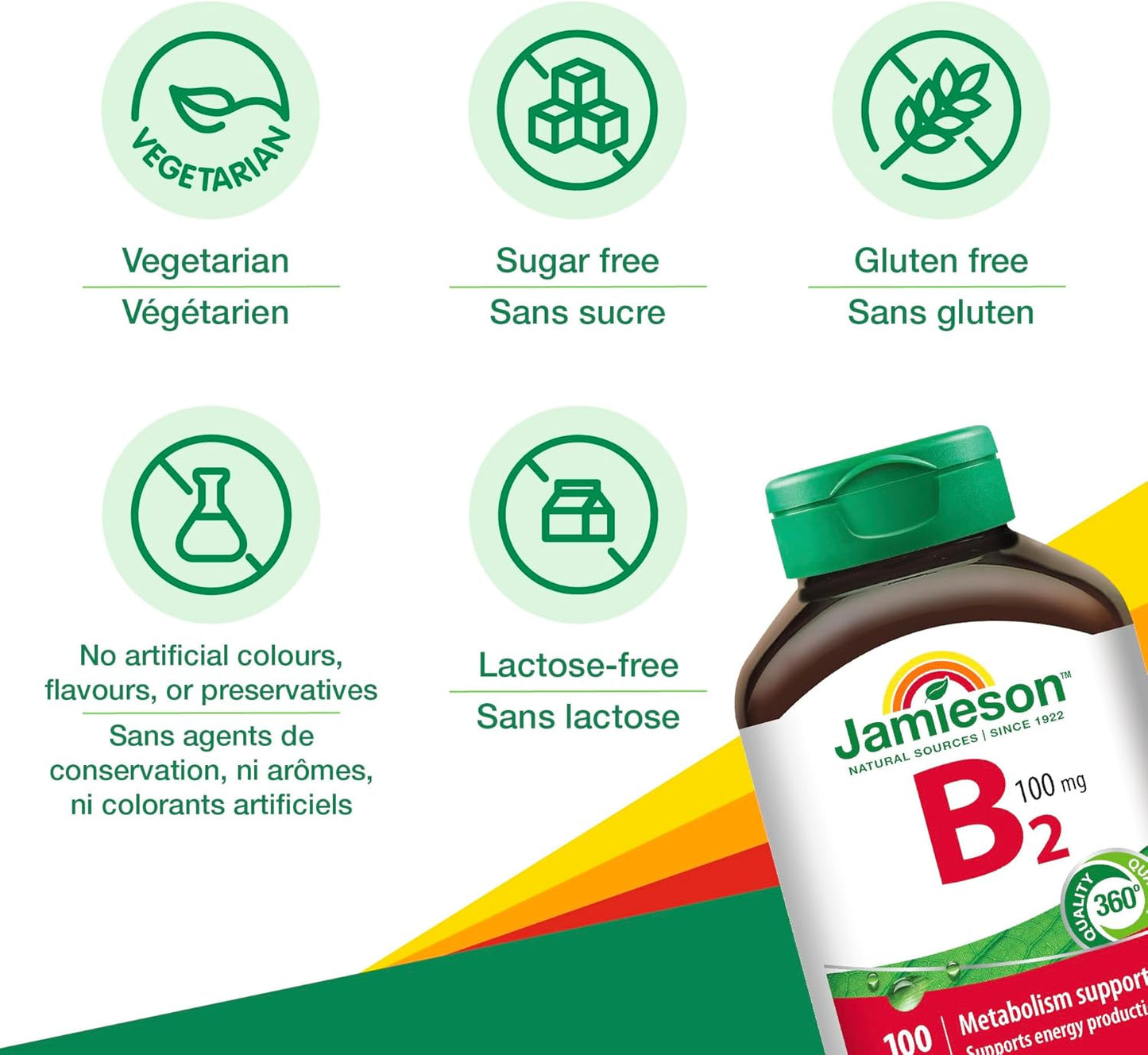 Jamieson 维生素B2核黄素100毫克片,促进新陈代谢,支持能量生成,并促进红细胞健康。素食,无麸质,不含人工香料、色素或防腐剂,100片,自豪地……