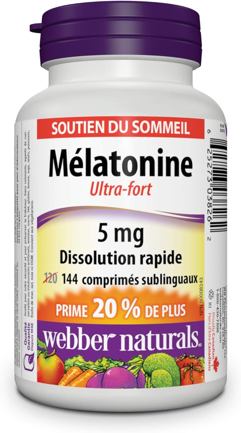 Webber Naturals Melatonin 5 mg Extra Strength (144 Quick Dissolve Tablets) + Omega-3 Fish Oil 1,000 mg (210 Softgels)
