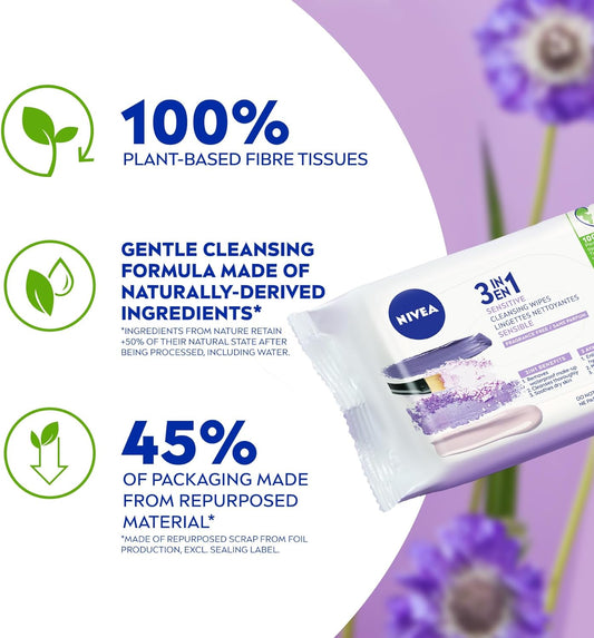 NIVEA 3-in-1 Biodegradable Face Cleansing & Makeup Removing Wipes for Sensitive Skin, 40 Wipes