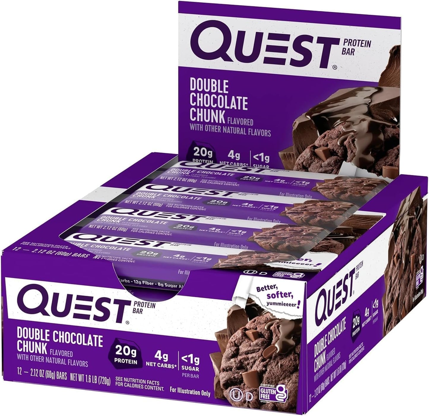 Quest Nutrition 雙倍巧克力塊蛋白棒,高蛋白,高纖維,低糖,適合生酮飲食,20 克蛋白質,1 克糖,12 支