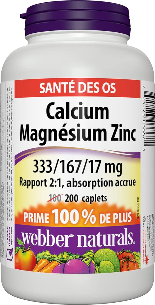 Webber Naturals 鈣鎂鋅膠囊,200 粒,增強吸收,有助於支持骨骼和牙齒,純素