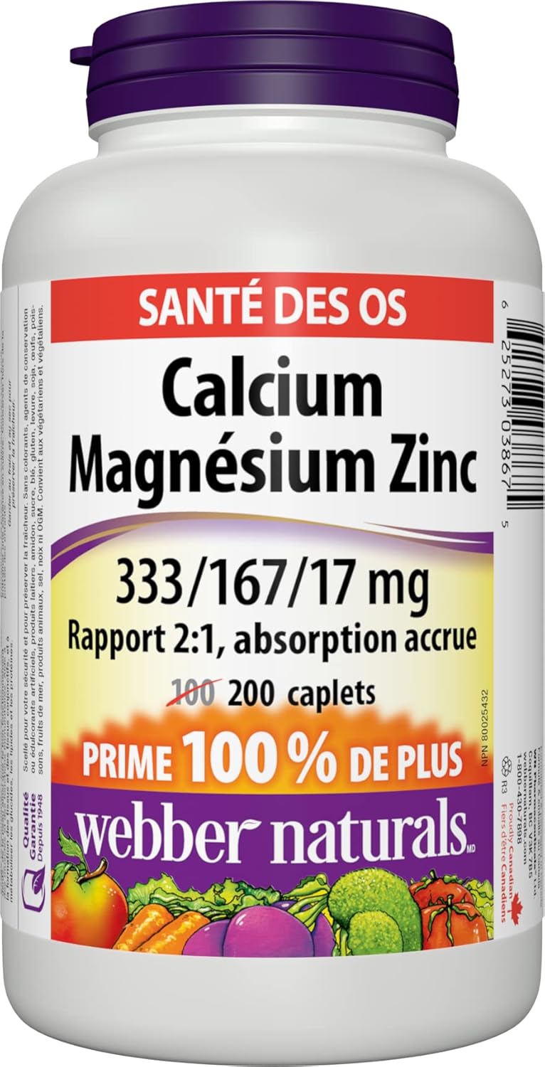 Webber Naturals 葡萄糖胺軟骨素 MSM 鈣鎂鋅膠囊,200 粒,增強吸收,有助於支持骨骼和牙齒,純素