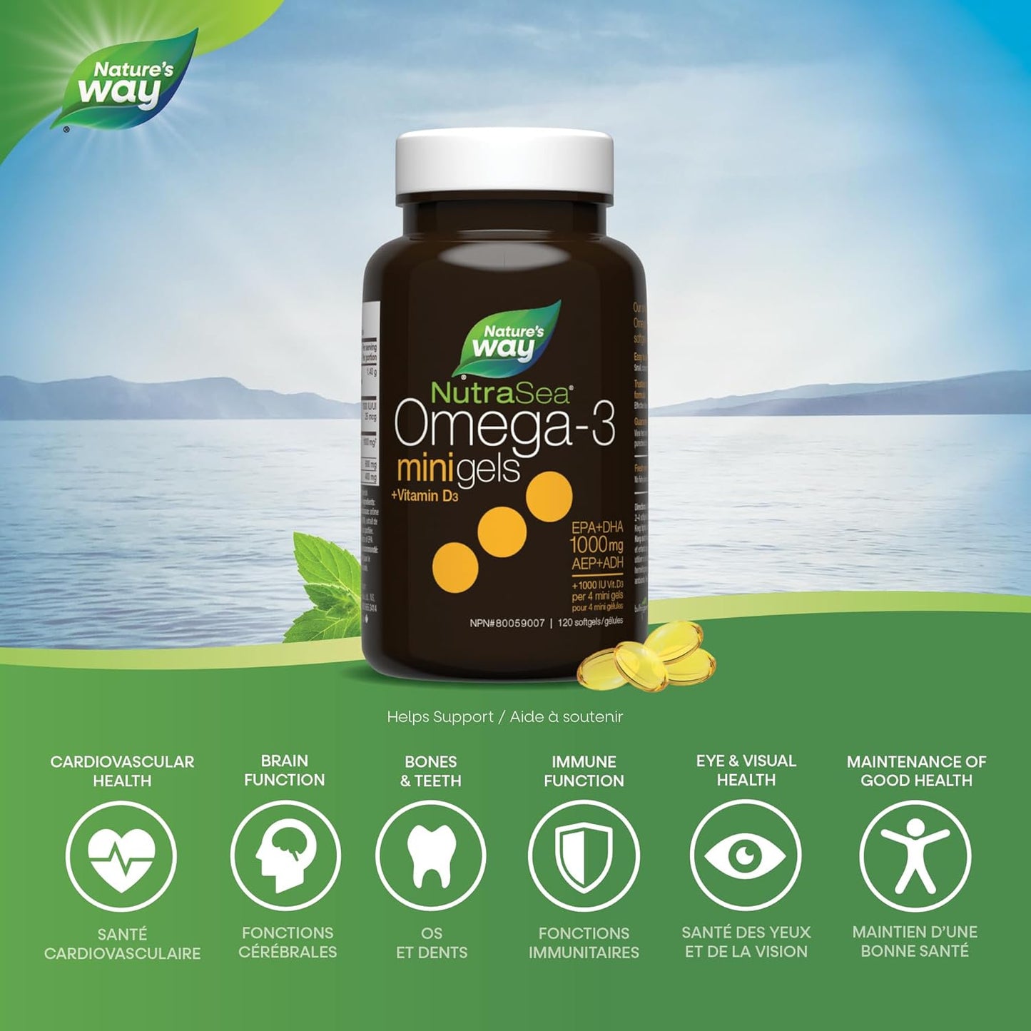 Nature's Way NutraSea Plus 維生素 D 迷你凝膠 - 1000 毫克 EPA 和 DHA,1000 IU 維生素 D3 - 支持健康的心臟和大腦,幫助強健骨骼和牙齒,幫助支持免疫系統 - 清新薄荷味健康補充劑…