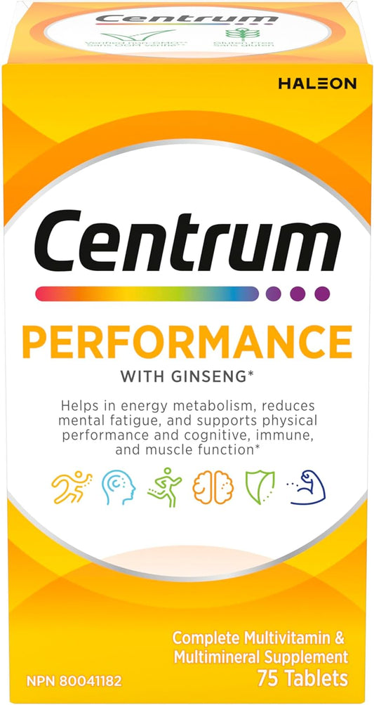 Centrum Performance 复合维生素/矿物质补充剂,适用于男性和女性,含人参,75 片(包装可能有所不同)