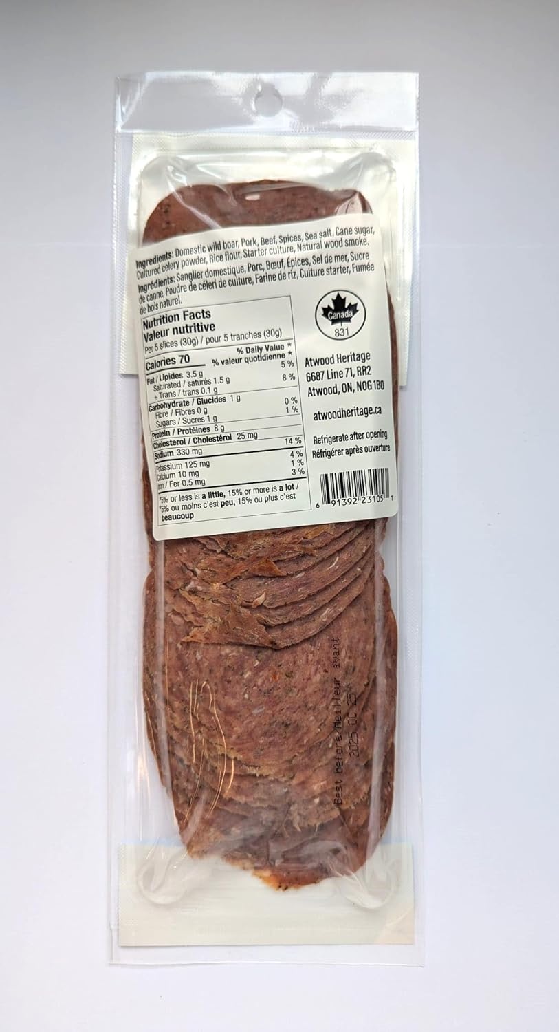 Atwood Heritage 野豬、豬肉和牛肉切片薩拉米香腸,125 克,高蛋白,無麩質,無硝酸鹽,加拿大製造