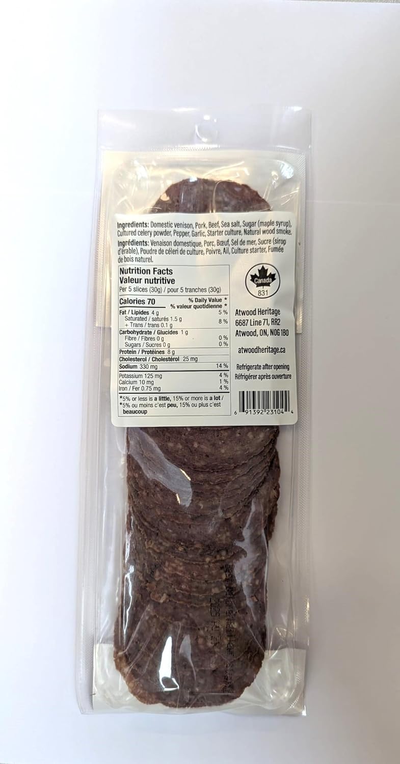 Atwood Heritage 鹿肉、豬肉和牛肉切片薩拉米香腸,125克,高蛋白,無麩質,無硝酸鹽,加拿大製造