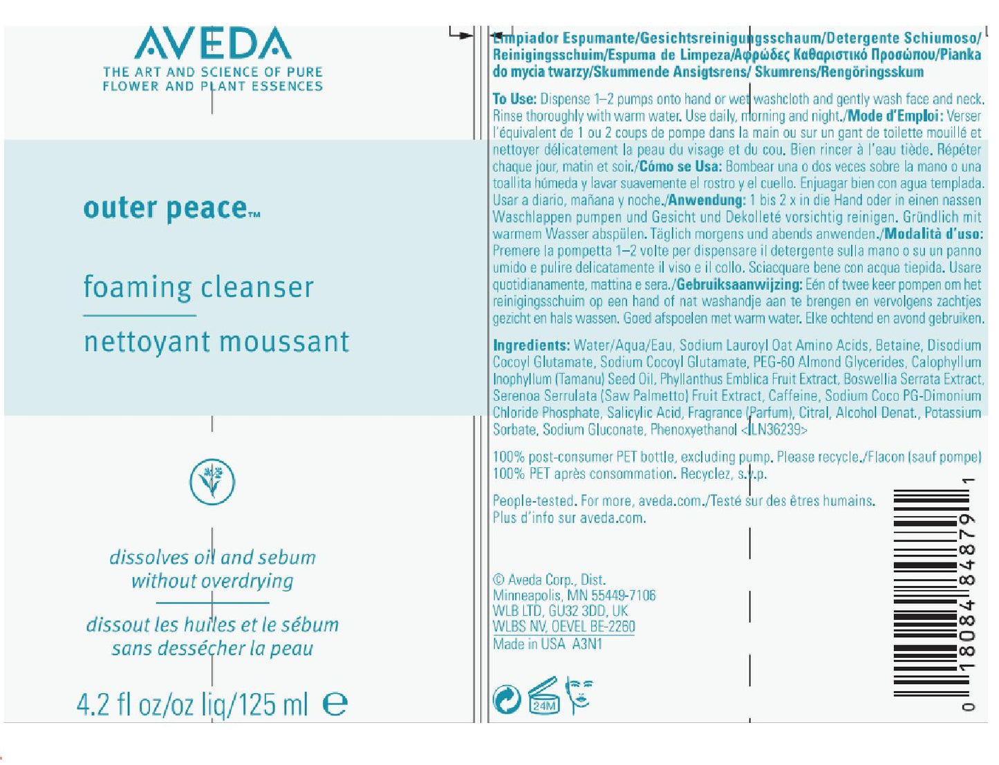 Aveda Outer Peace 泡沫洁面乳 | 适合痤疮肌肤的日常洁面乳 | 含强效植物提取物,125ml