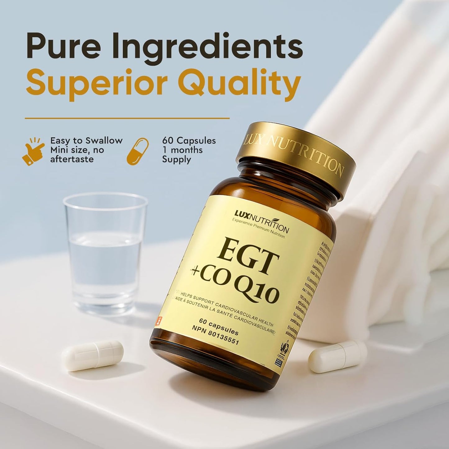 Lux Nutrition |EGT+CoQ10 50毫克,辅酶Q10 + 25毫克Dr.Ergo麦角硫因,心血管支持,细胞能量和线粒体功能 | 加拿大制造 | 60粒胶囊