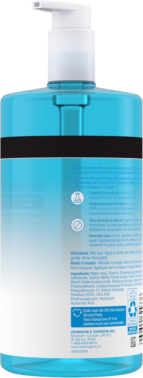 Neutrogena Hydro Boost Fragrance-Free Hydrating Cleansing Gel, Foaming, Facial Cleanser, Hyaluronic Acid, Paraben Free, 473-mL